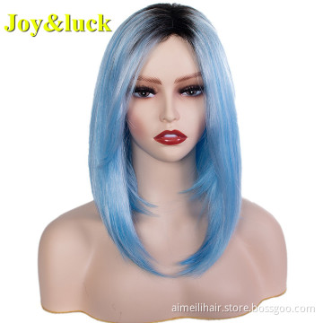 Ladies Wholesale Wig Shoulder Length Dark Root Party Cosplay Black Ombre Blue Natural Straight Short Bob Wig Synthetic Hair Wig